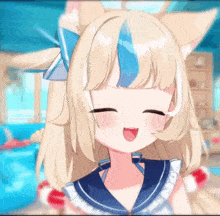 a blonde anime girl with a blue and white stripe on her hair
