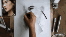 a person is drawing a woman 's face with a pencil