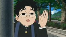 a cartoon character with glasses and a backpack is waving his hand