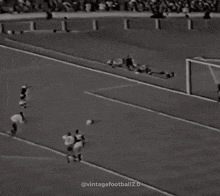 a black and white photo of a soccer goalie catching a ball in a net .