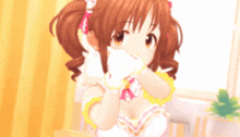 a girl with a ponytail and a bow on her head