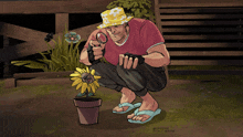 a cartoon of a man looking at a flower with a magnifying glass and the words do not reach below him
