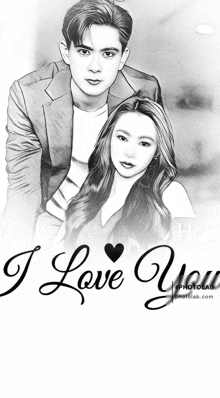 a black and white drawing of a man and woman with the words i love you