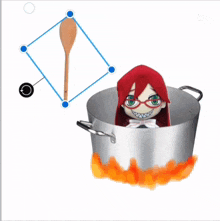 a doll with red hair is in a pot with a wooden spoon in it