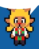 a pixel art drawing of a cartoon character with a speech bubble above his head .