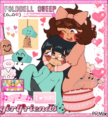 a cartoon of a girl hugging another girl with the words foldbell sweep girlfriends written on the bottom