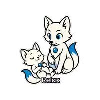 a sticker of a fox and a kitten with the word relax below them