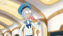rick from rick and morty is eating a lollipop in a cartoon scene