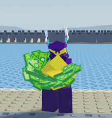 a cartoon character holding a bunch of money in his hands