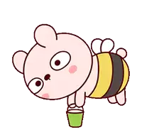 a cartoon bear dressed as a bee is holding a cup
