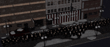 a group of people are standing in front of a building that says hardy 's parking on it