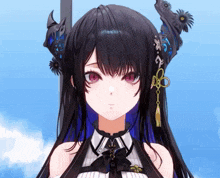 a close up of a girl 's face with a sword in her hair