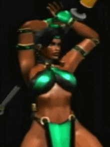 a woman in a green bikini is dancing in a dark room