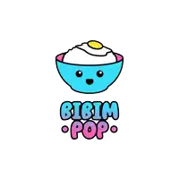 a logo for bibim pop with a bowl of rice and an egg