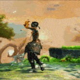 a video game character is standing in the grass with a sword