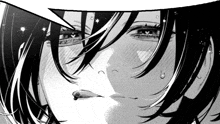 a black and white drawing of a woman 's face with a speech bubble above her mouth