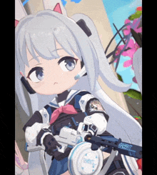 a girl with headphones and a gun has the word rabbit on her shirt