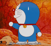 a cartoon character named doraemon is standing in front of a red wall
