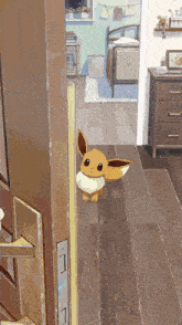 a cartoon eevee is standing on a wooden floor in a room