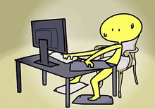 a cartoon character is sitting at a desk with a computer monitor .