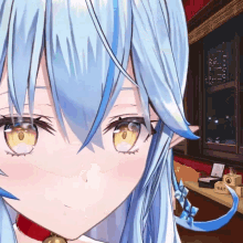 a close up of a blue haired anime girl 's face