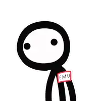 a stick figure has a name tag that says emu