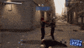 a video game screen shows a man laying on the ground being attacked by a spider-man