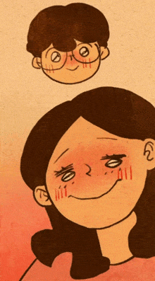 a cartoon drawing of a boy and a woman with glasses