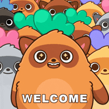 a cartoon of a raccoon surrounded by hearts and the word welcome