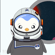 a penguin wearing an astronaut 's helmet is standing in front of a window