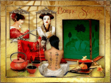 a picture of a woman with chinese writing on her back and the words bonne soirée