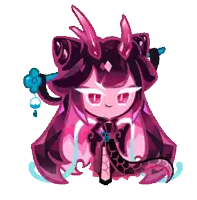a girl with purple hair and horns is sitting on a white surface .