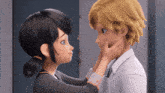 a couple of cartoon characters touching each other 's face