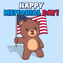 a cartoon of a bear holding an american flag with the words happy memorial day below it