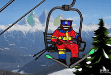 a cartoon of a bear riding a ski lift with the word fuzzy on the bottom