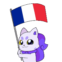 a cartoon cat holding a french flag with the letter b on its tail