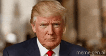 a close up of donald trump 's face with meme-gen.ai in the lower right corner