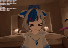 a cartoon character with a surprised look on her face is standing in a bedroom