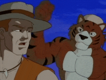 a cartoon of a man and a tiger talking