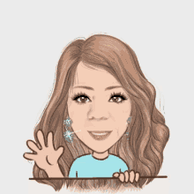 a cartoon of a woman waving her hand and wearing earrings