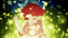 a girl with red hair is surrounded by lights