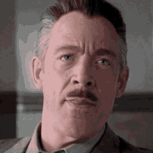 a close up of a man with a mustache wearing a suit and tie .