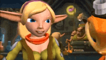 a cartoon character with blonde hair and blue eyes is talking to another cartoon character in a video game .