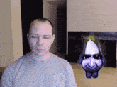 a man with his eyes closed is standing in front of a cartoon eggplant
