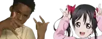 a man and a girl are making funny faces with their hands . the girl is wearing a pink sweater .