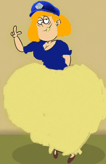a cartoon of a woman wearing a blue hat and a yellow skirt