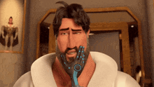 a cartoon character with a beard has a robotic hand on his face