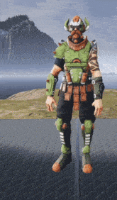 a video game character with a beard and horns is standing in front of a mountain