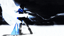 a woman in a blue and white dress is dancing in the dark