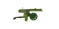 a green machine gun with wheels on a white surface